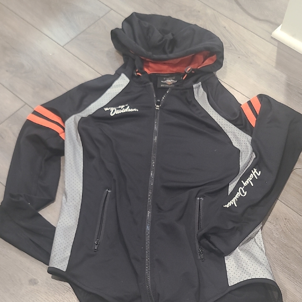Harley-Davidson Black Hoodie with Orange and Gray Accents